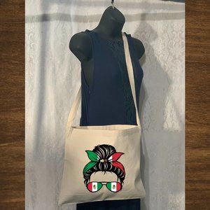 Mexico Messy Mom Bun Cotton Canvas Crossbody Messenger Tote Bag with Long Strap
